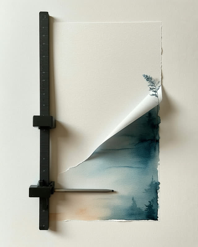 I dream of a paper-testing clamp bench under an angled practical lamp. The clamp holds the dry section of a cream sheet
