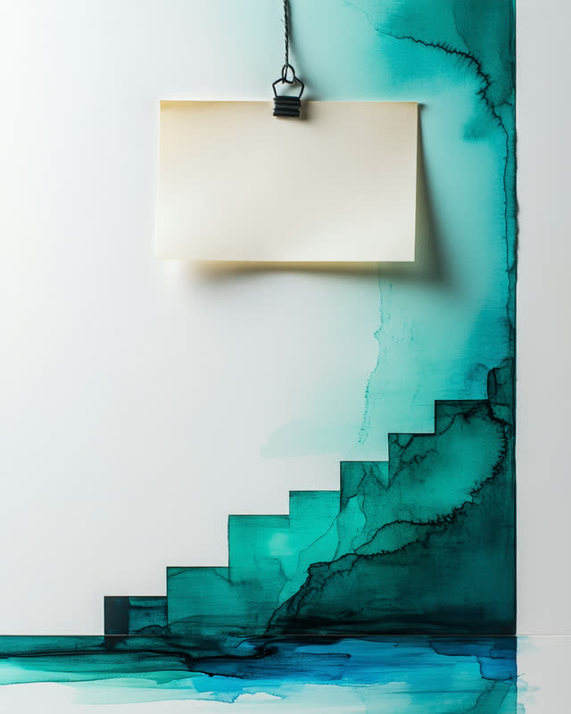 I dream of a pale clean margin board in stark cool side light. A lifted pasted cream-paper tab allows blue-green wash to