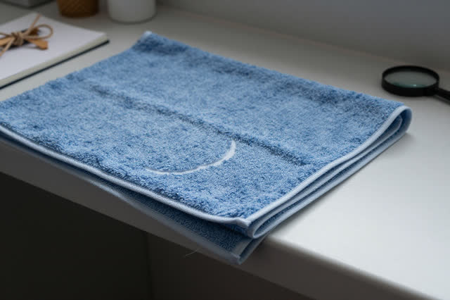 I dream of a folded clinical blue towel on a quiet utility-laundry bench after a damp paper tab has been removed. The to