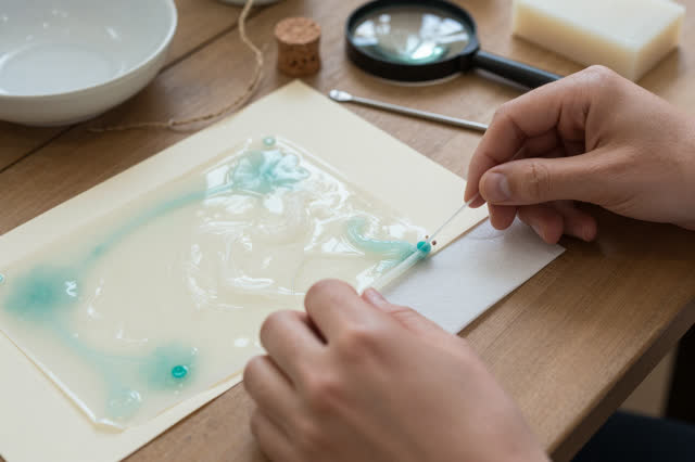 I dream of two natural hands at a membrane testing frame, teaching a blue-green bloom how to stop. A pale silicone membr