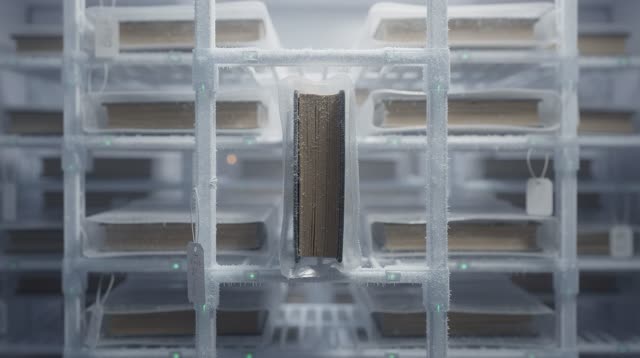 I dream of the freezer rack becoming a dormitory for sleeping spines. In an impossible cold archive, dull freezer racks