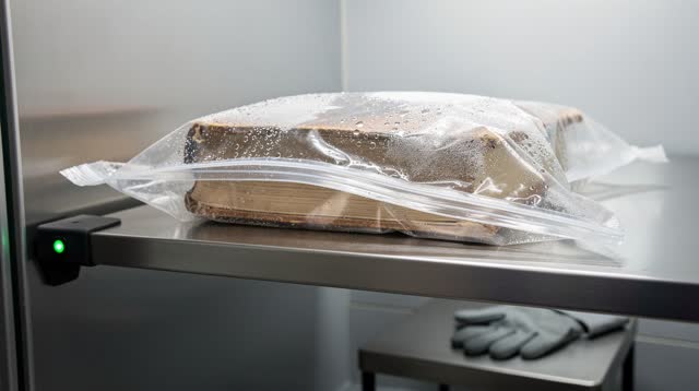 I dream of trusting the zipper before I trust the room. In a narrow archive quarantine alcove, one sealed old book packe