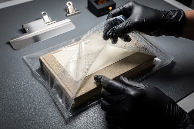 I dream of the second skin learning the first one's shape. On a sealing bench with a cool gray mat, gloved hands slide a