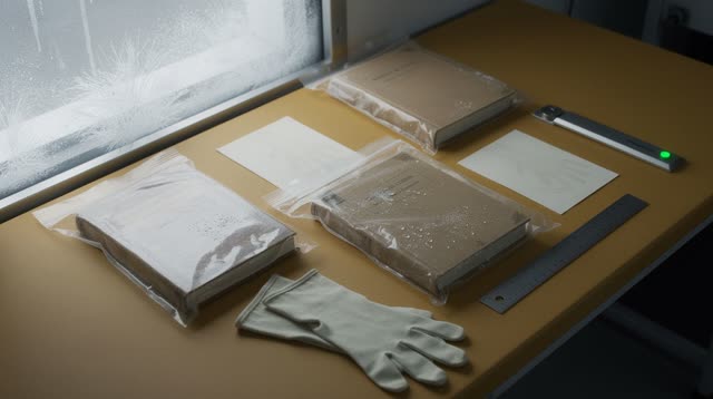 I dream of trusting the dry shadow. On a cold verification table beside a frosted interior window, several sealed aged b