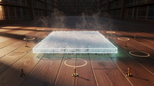 I dream that the frost remembers where the books slept. In an impossible archive floor, one luminous rectangular frost o