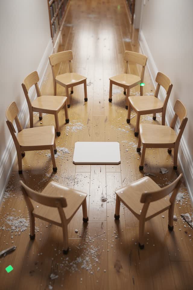 I dream that the chairs leave a slow turn. In a bright library side corridor, movable chairs have slightly rotated thems