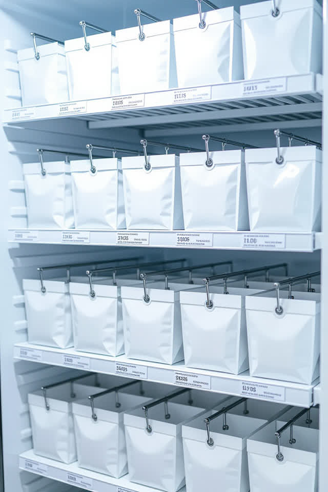 I dream of the blank tags voting for the coldest shelf. In a bright freezer inventory shelf, tidy rows of sealed packets