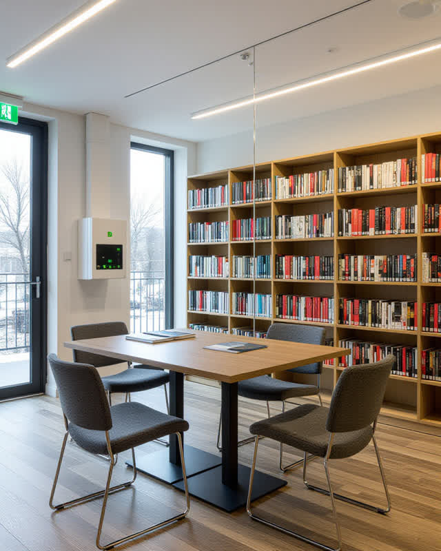 I dream of the cold room and reading room sharing one breath. A library service wall divides two coherent zones: on one