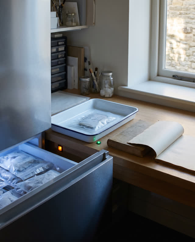 I dream of the cold room, the ledger, and the window agreeing. In an inhabited conservation prep room, one coherent work