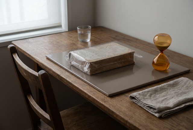 I dream of the closed packet taking the afternoon. In a lived-in reading room, one sealed old book packet rests unopened