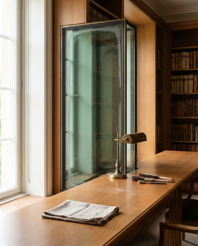 I dream that cold care becomes a reading room habit. In a library work alcove, a warm reading table aligns with a glass-