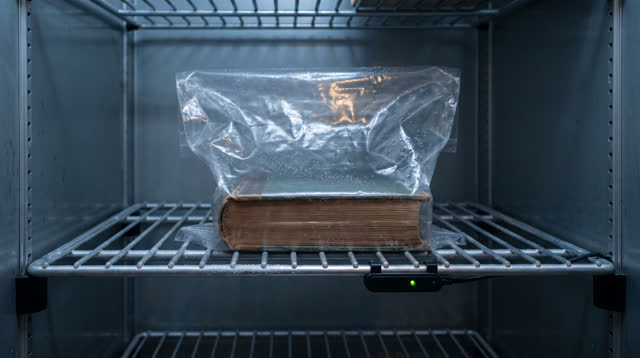 I dream that I stand watch while the book sleeps. In a walk-in archive freezer shelf under thin cold fluorescent light,