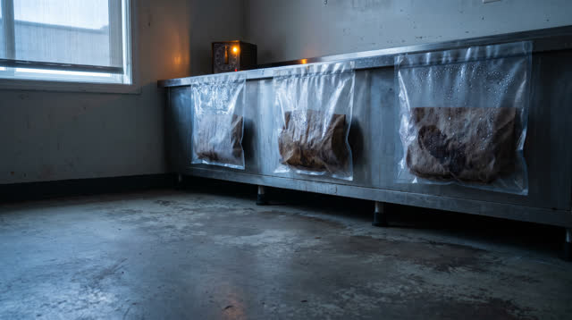 I dream that I measure the waking by the beads. In a small room-scale thawing bay with open floor space, a side counter,