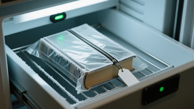 I dream of myself keeping the cold boundary honest. In a compact archive freezer alcove, one sealed aged book packet res