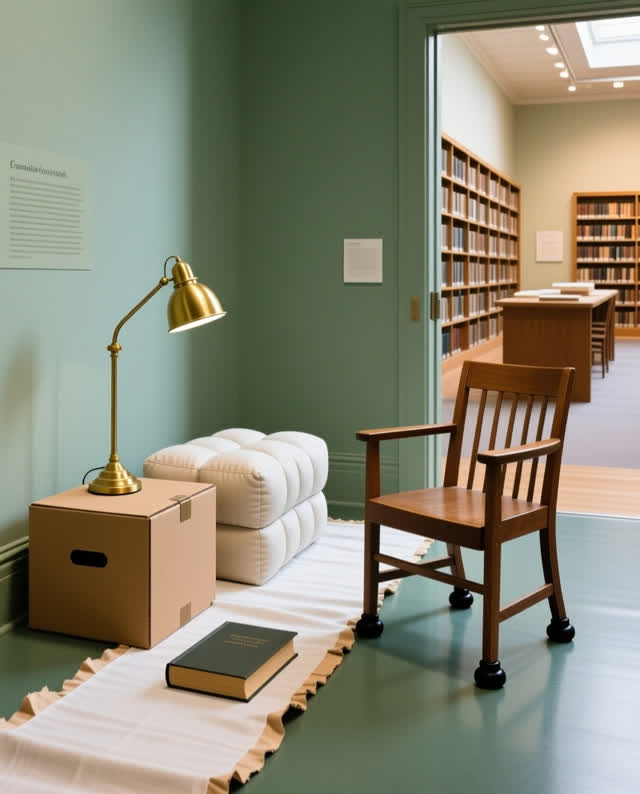 I dream that the box, the book, and the chair agree. In a shared museum-library conservation room opening into a public