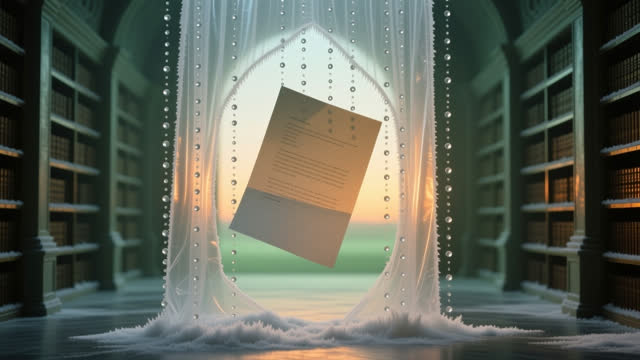 I dream that condensation learns where not to go. In an impossible archive hall, a translucent curtain of condensation b