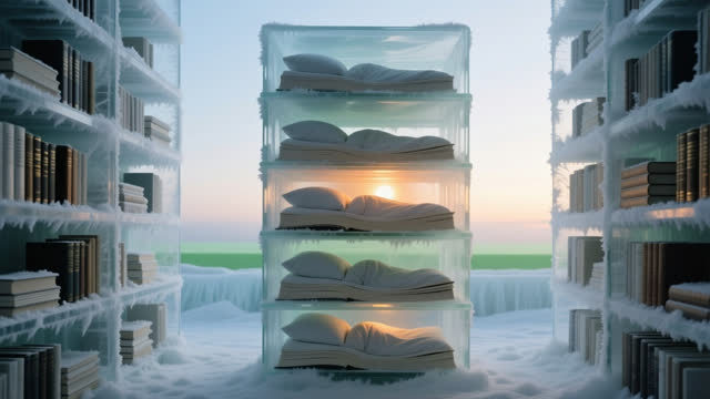 I dream in transparent sleeping strata. In an impossible dawn archive, sealed books form quiet translucent layers like m