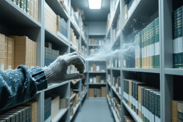 I dream of turning the cold away softly. In a service alcove behind the archive cold room, one gloved hand adjusts a bra