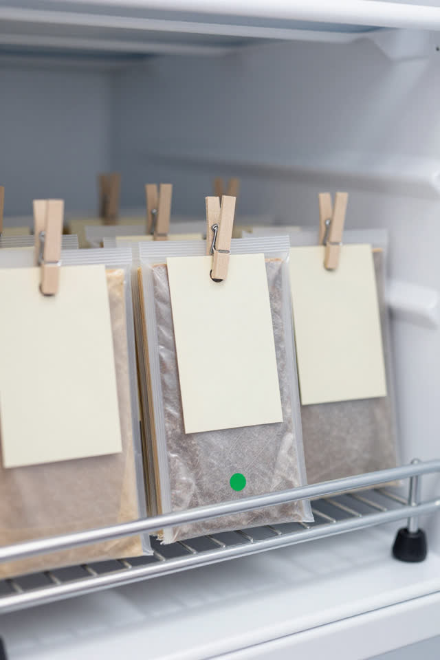 I dream of the blank tags forming a waiting list without words. On a bright freezer staging rail, several sealed aged bo