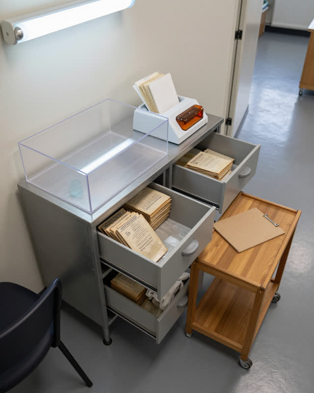I dream of the intake table, cold drawer, and return cart agreeing. From a high corner of a compact conservation suite,