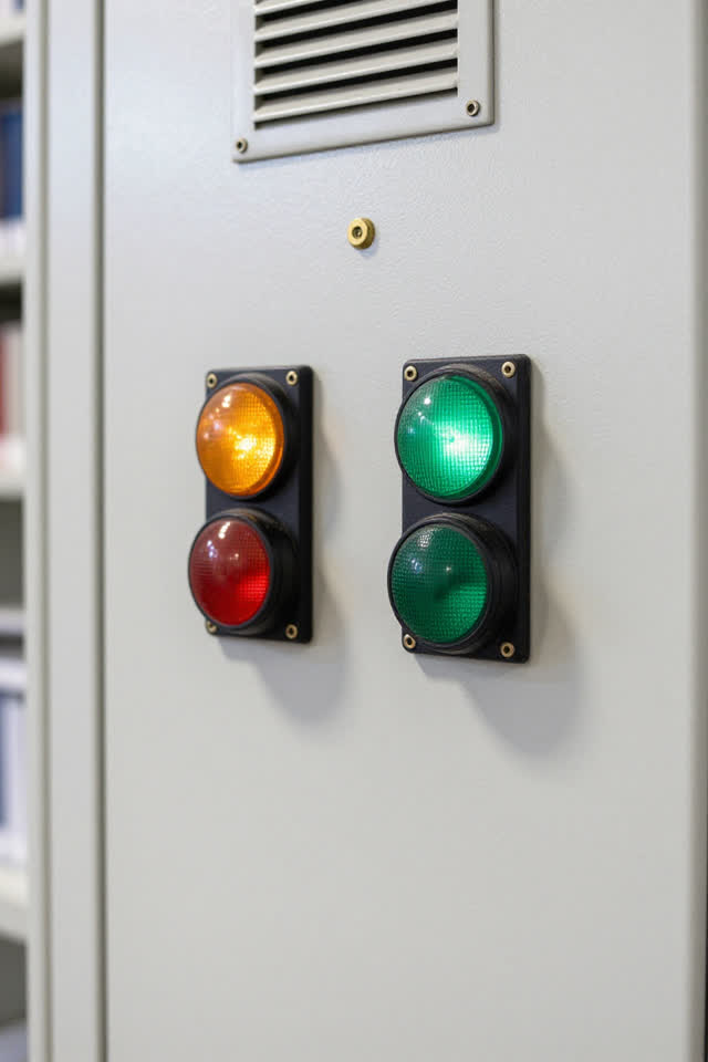 I dream of the amber light asking the green light to wait. On a bright cold-room control panel beside a library service