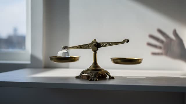 I dream that I trust the center again. On a small calibration shelf beside a high window, a repaired brass balance scale