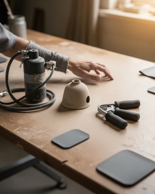I dream that the shared tool learns my pressure. On a small community workshop table used for breath, grip, and sound ch