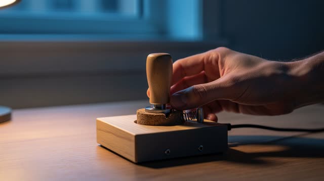 I dream that I move the stick and it stops arguing. At a small arcade-control testing desk at blue hour, one hand eases