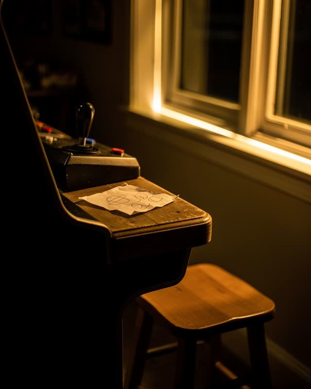 I dream that the smooth edge keeps no witness. In a closed community game room at night, a repaired joystick edge and wa