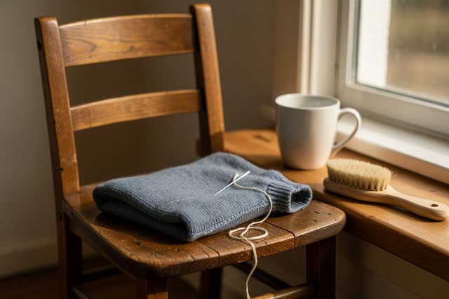 I dream that the thread rests where it was useful. On a sunlit windowsill beside a plain mending chair, a finished muted