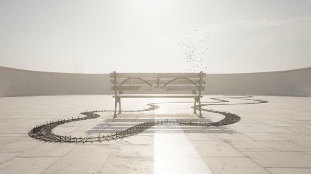 I dream that the bench casts a stitching shadow. In an open pale-stone courtyard, a single weathered public bench stands