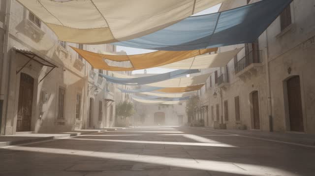 I dream that the wind keeps the gesture. In an impossible open street, layers of sailcloth and canvas awnings hang overh