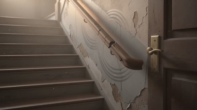 I dream that the echo remembers the hand. In an impossible quiet stairwell, a repaired wooden handrail, a brass door han