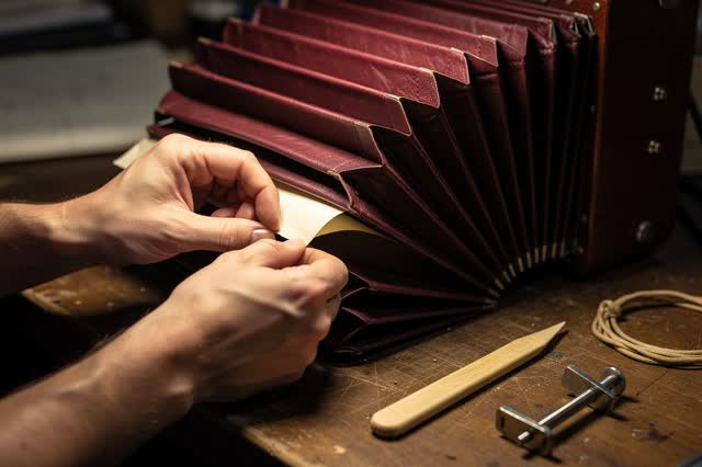 I dream that I patch the breath inside the fold. In an accordion repair room, careful hands open one deep burgundy bello
