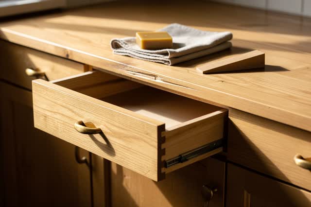I dream that the drawer glides and says nothing. In a small kitchen cabinet under calm afternoon light, a repaired woode