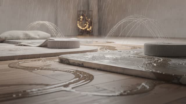 I dream that the rain learns the rhythm of my hand. In an impossible open room, rain beads fall onto different surfaces
