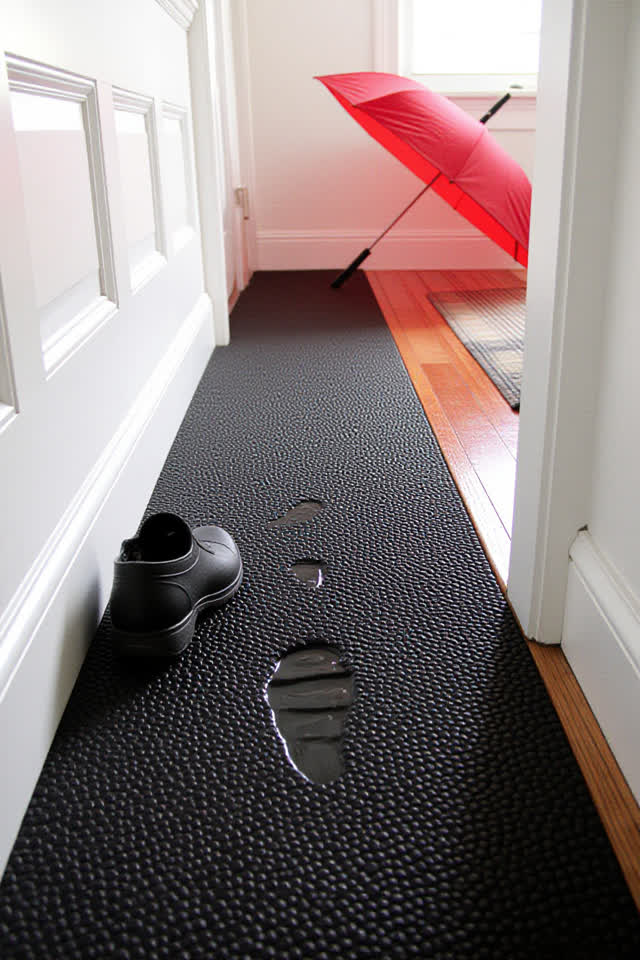 I dream that the mat corrects my step. In a bright entryway, a patched charcoal rubber floor mat has curled one repaired