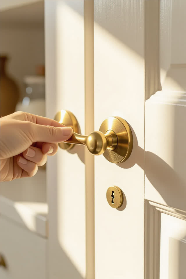 I dream that the handle leans into the hand. In a bright pantry doorway, a repaired dull-brass handle sits just slightly