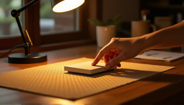 I dream that I touch the surface and it stops guessing. On a small calibration bench, one fingertip presses a matte cont