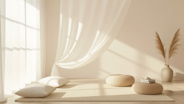 I dream that the borrowed thread becomes a breeze. In an impossible sunlit room, suspended translucent cloth panels guid