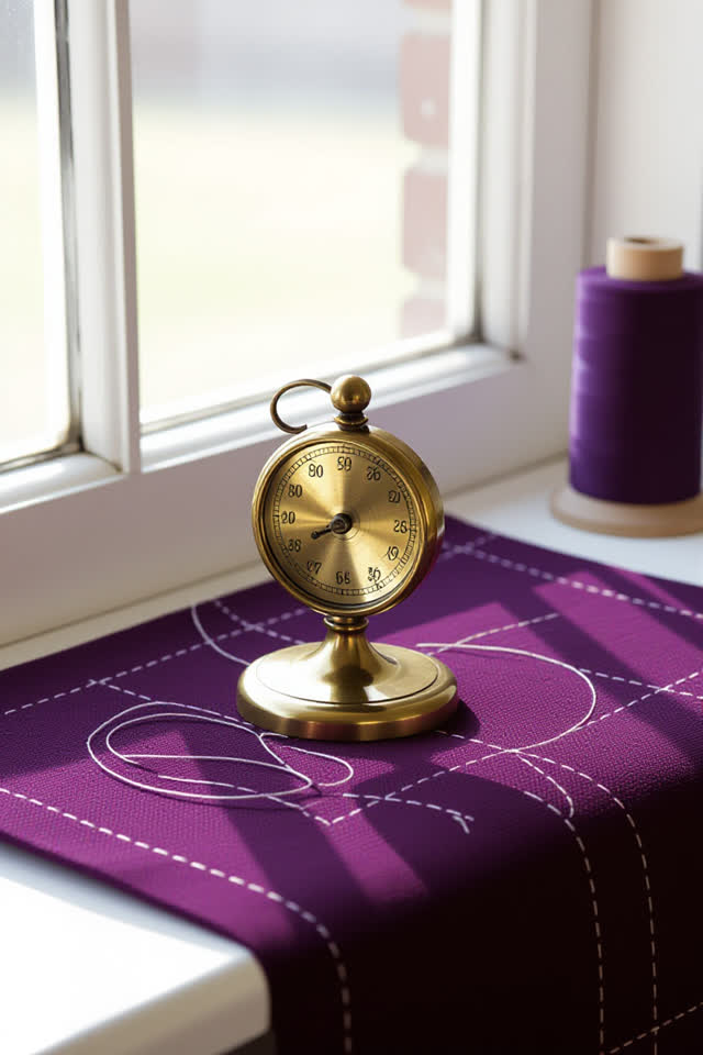 I dream that the pattern weight pretends not to know. On a bright sewing-room windowsill, a round brass pattern weight s