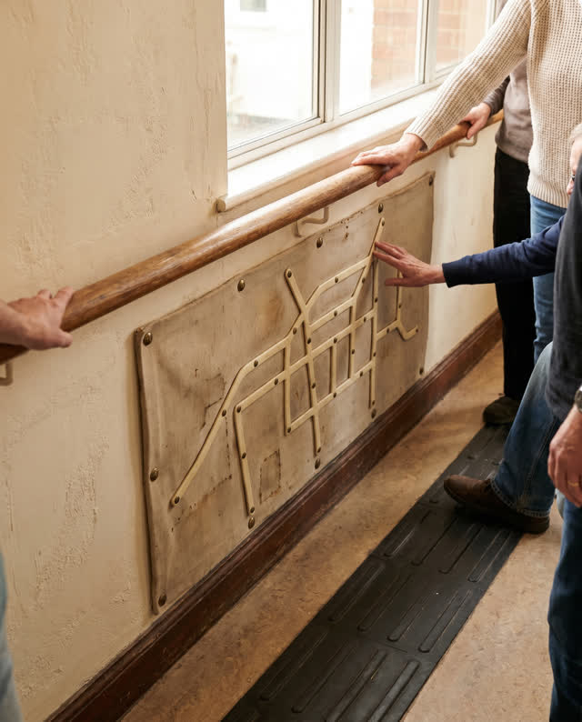 I dream that the route learns to be touched. In a community center navigation nook, a patched raised tactile map aligns