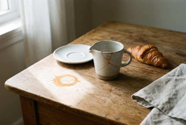 I dream that the cup pours without apology. On a lived-in breakfast table after the morning has settled, a repaired cera