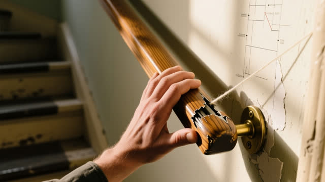 I dream that I know the repair by the grip. In an old stairwell, one hand rests on a warm oak handrail where a repaired