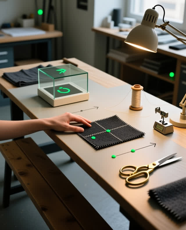 I dream that the bench learns the hand in two languages. In a quiet hybrid haptics-and-textile repair studio, a glass to