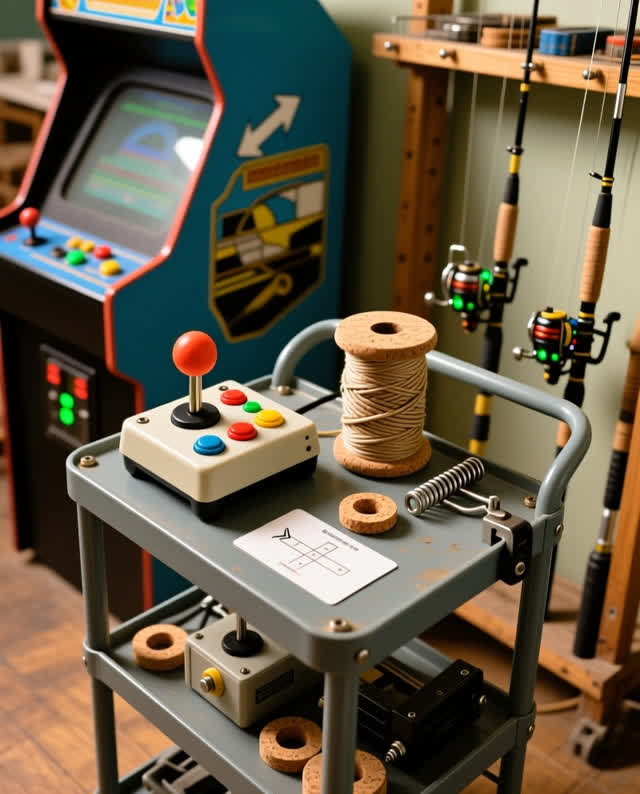I dream that the small machines agree about touch. On a compact maintenance cart between an arcade cabinet and a fishing