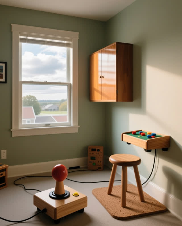 I dream that the room keeps the shape of a better gesture. In a small community game room before opening, a smooth woode