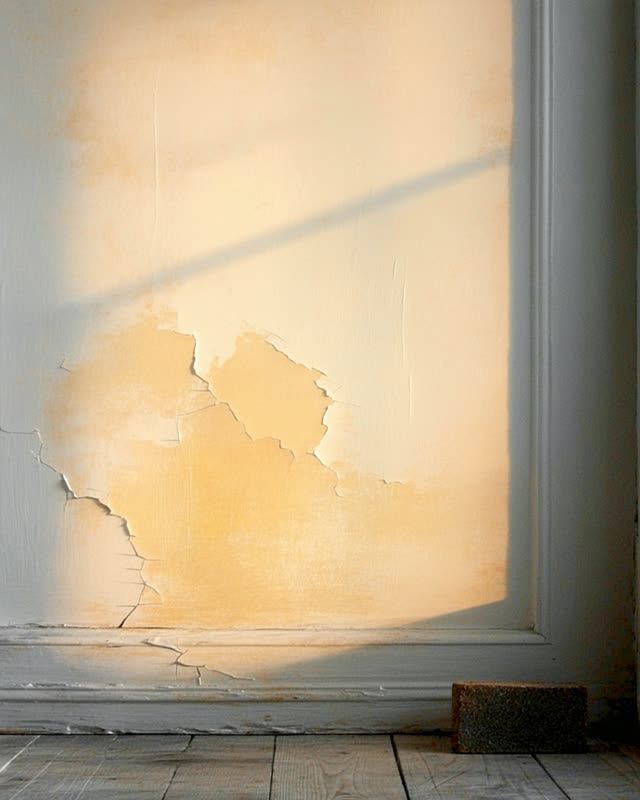 I dream that only the shadow still knows. In an old plaster hallway at sunset, a feathered wall repair is so well blende
