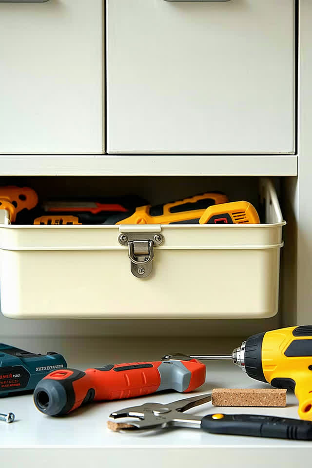 I dream that the latch clicks before I ask. On a bright tool cupboard shelf, a cream enamel tool box has a repaired dull