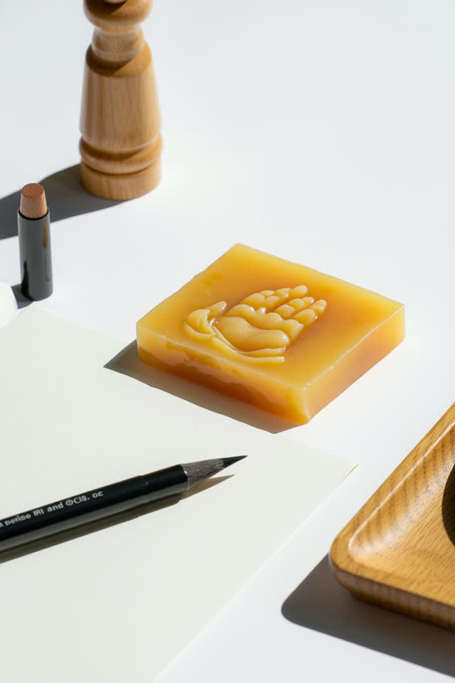 I dream that the wax takes credit for my thumb. On a bright printmaking side table, a small beeswax pressure pad holds a